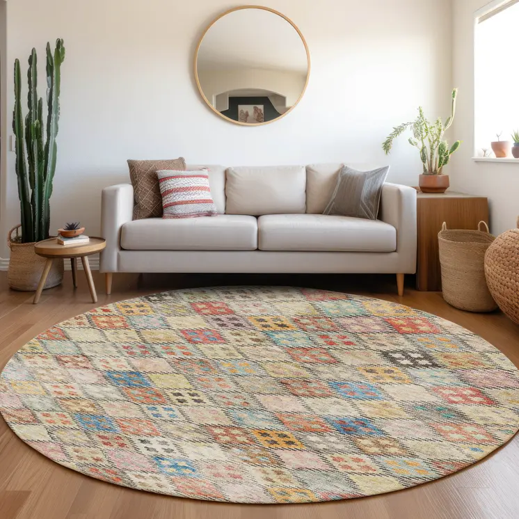 8' Terra Cotta Beige And Teal Blue Round Geometric Washable Indoor Outdoor Area Rug