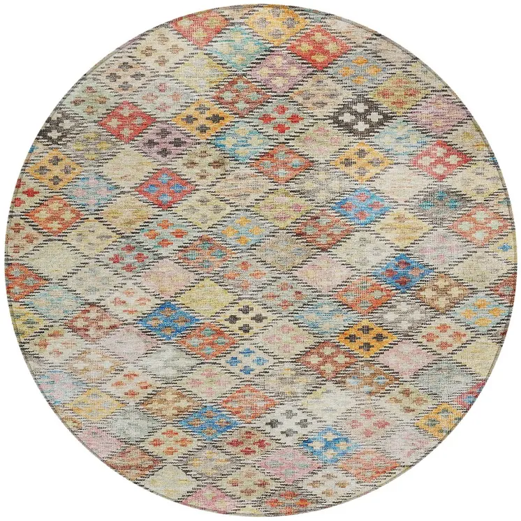 8' Terra Cotta Beige And Teal Blue Round Geometric Washable Indoor Outdoor Area Rug