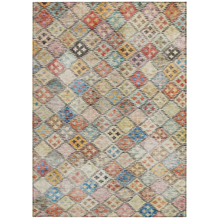 8' X 10' Terra Cotta Beige And Teal Blue Geometric Washable Indoor Outdoor Area Rug