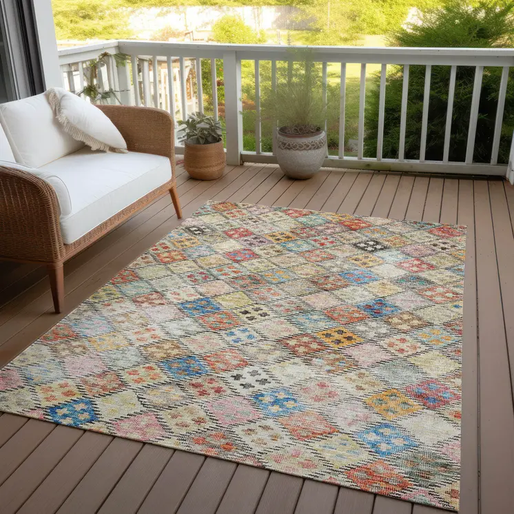8' X 10' Terra Cotta Beige And Teal Blue Geometric Washable Indoor Outdoor Area Rug