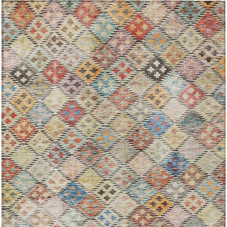 8' X 10' Terra Cotta Beige And Teal Blue Geometric Washable Indoor Outdoor Area Rug