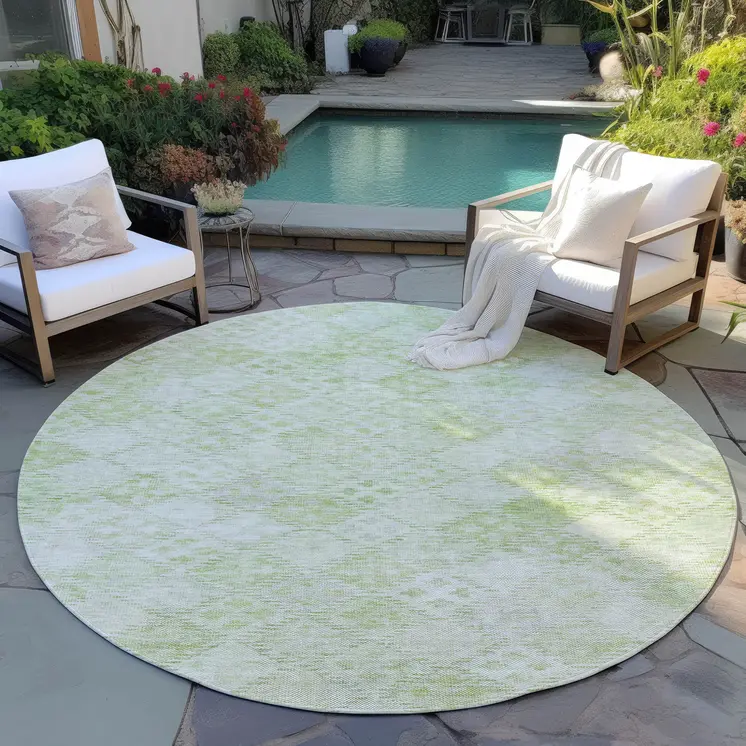 8' Sage And Ivory Round Geometric Washable Indoor Outdoor Area Rug