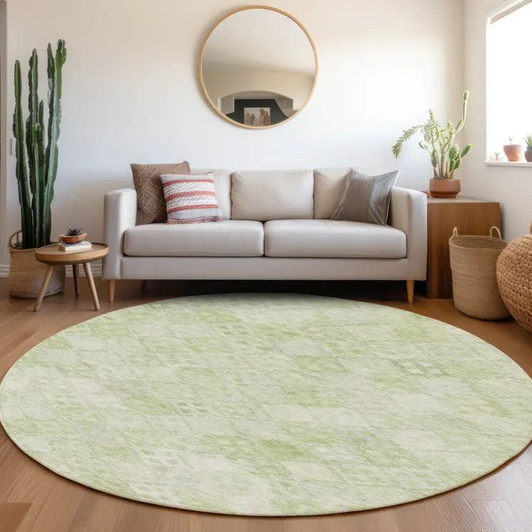8' Sage And Ivory Round Geometric Washable Indoor Outdoor Area Rug