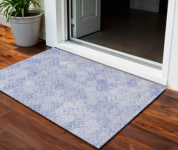 3' X 5' Sky Blue And Ivory Geometric Washable Indoor Outdoor Area Rug