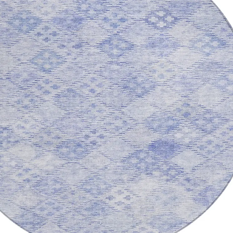 8' Sky Blue And Ivory Round Geometric Washable Indoor Outdoor Area Rug