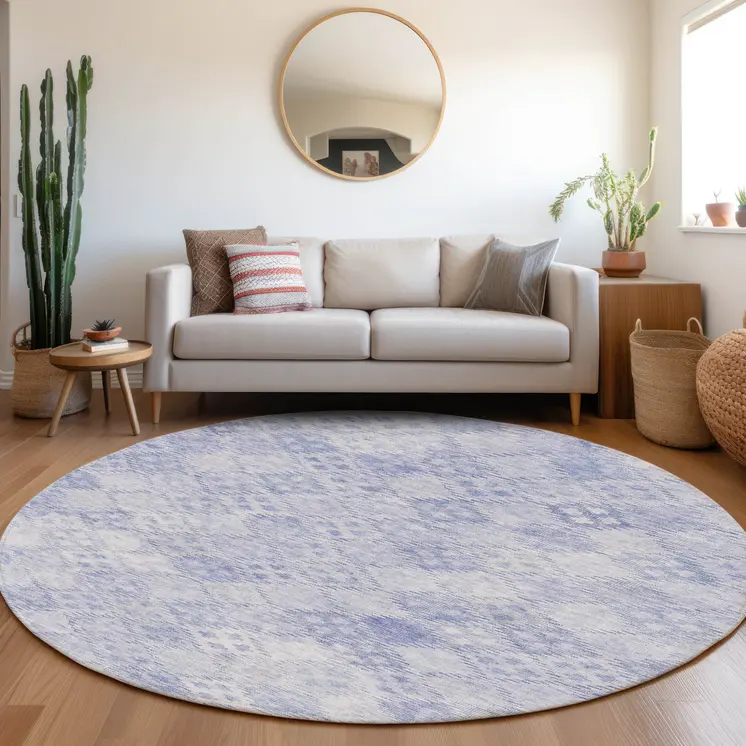 8' Sky Blue And Ivory Round Geometric Washable Indoor Outdoor Area Rug