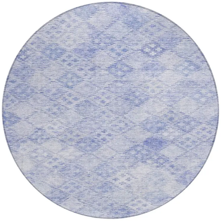 8' Sky Blue And Ivory Round Geometric Washable Indoor Outdoor Area Rug