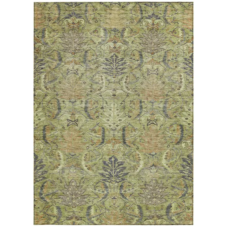 3' X 5' Artichoke Green Gray And Tan Damask Washable Indoor Outdoor Area Rug