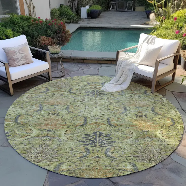8' Artichoke Green Gray And Tan Round Damask Washable Indoor Outdoor Area Rug