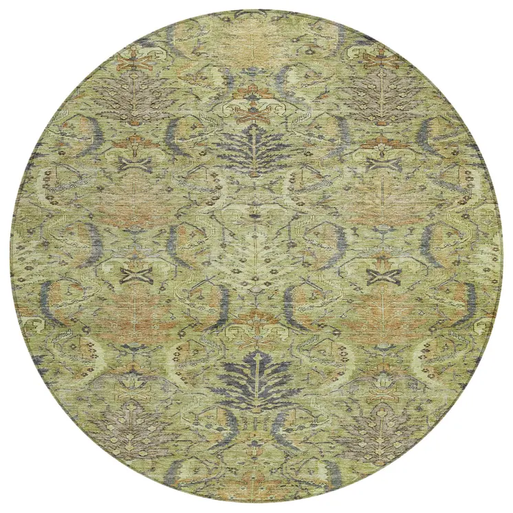 8' Artichoke Green Gray And Tan Round Damask Washable Indoor Outdoor Area Rug