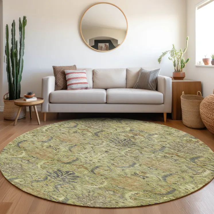 8' Artichoke Green Gray And Tan Round Damask Washable Indoor Outdoor Area Rug