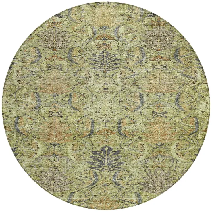 8' Artichoke Green Gray And Tan Round Damask Washable Indoor Outdoor Area Rug