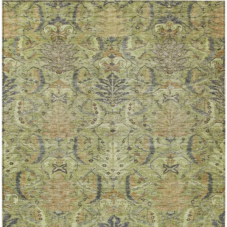 8' X 10' Artichoke Green Gray And Tan Damask Washable Indoor Outdoor Area Rug