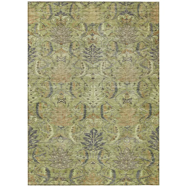 8' X 10' Artichoke Green Gray And Tan Damask Washable Indoor Outdoor Area Rug
