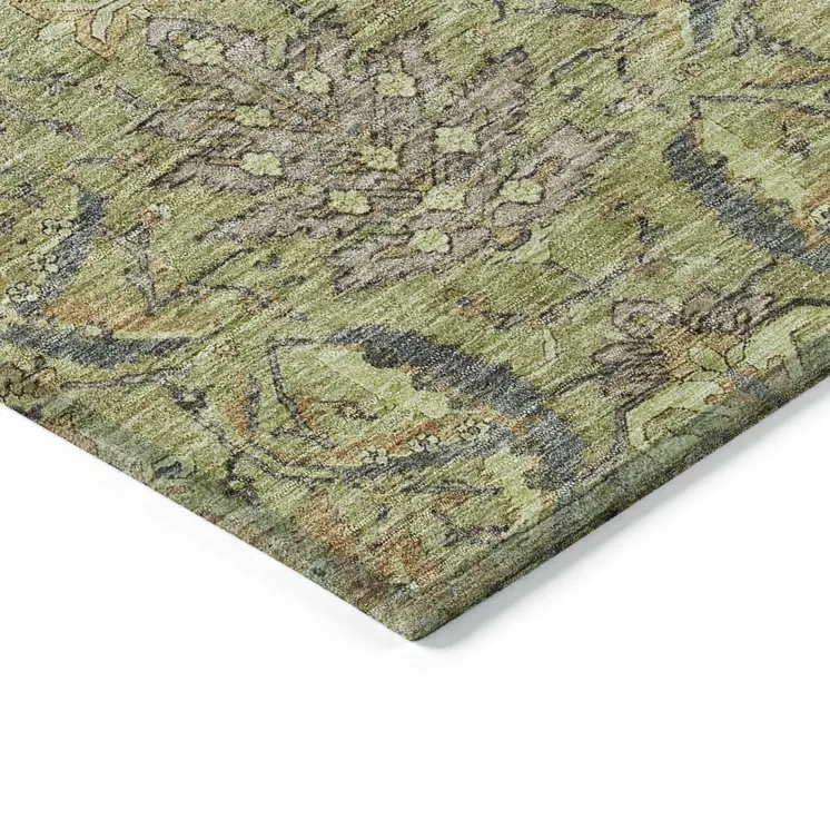 8' X 10' Artichoke Green Gray And Tan Damask Washable Indoor Outdoor Area Rug