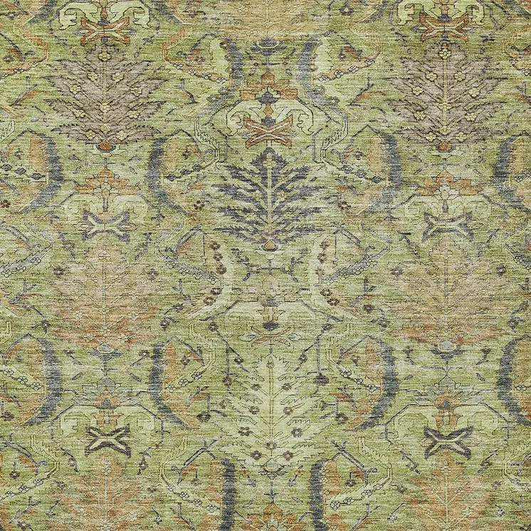 8' X 10' Artichoke Green Gray And Tan Damask Washable Indoor Outdoor Area Rug