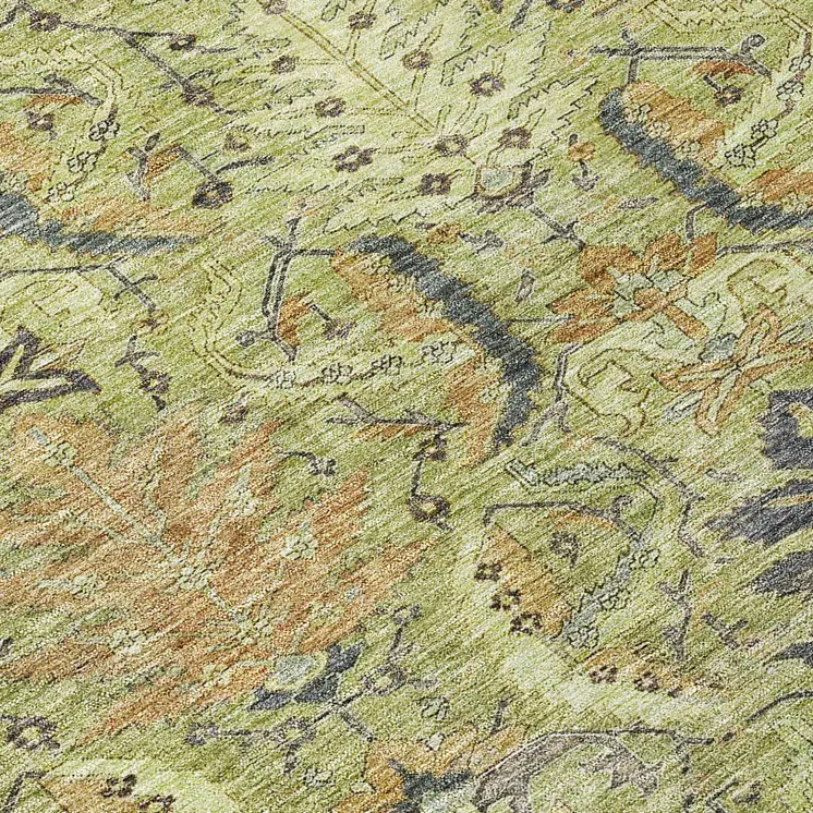 8' X 10' Artichoke Green Gray And Tan Damask Washable Indoor Outdoor Area Rug