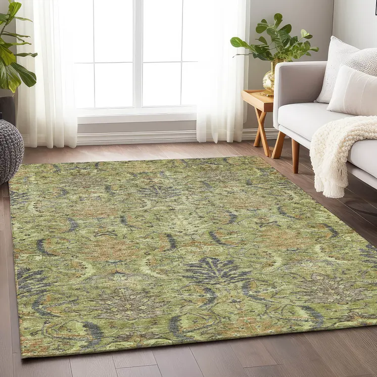 8' X 10' Artichoke Green Gray And Tan Damask Washable Indoor Outdoor Area Rug