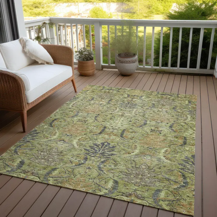 9' X 12' Artichoke Green Gray And Tan Damask Washable Indoor Outdoor Area Rug