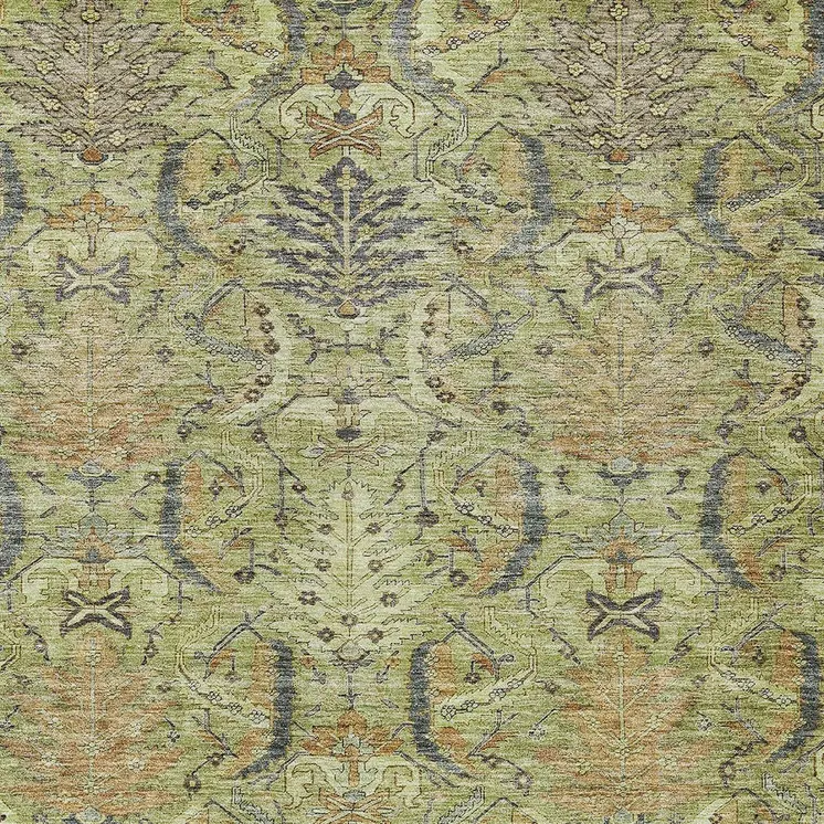 9' X 12' Artichoke Green Gray And Tan Damask Washable Indoor Outdoor Area Rug