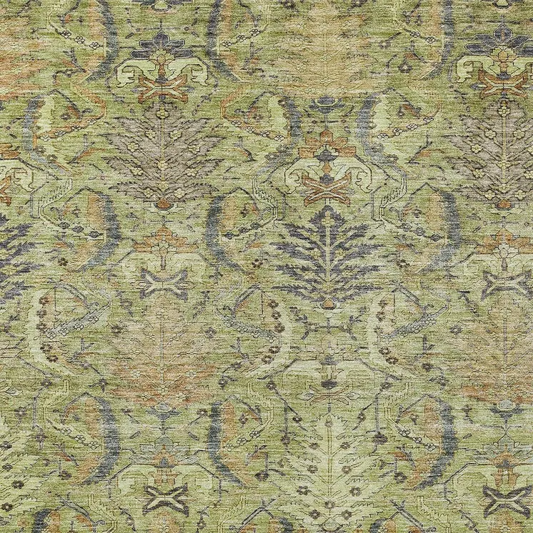 10' X 14' Artichoke Green Gray And Tan Damask Washable Indoor Outdoor Area Rug
