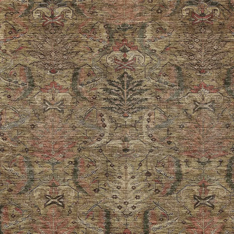 3' X 5' Brown Charcoal And Brick Red Damask Washable Indoor Outdoor Area Rug