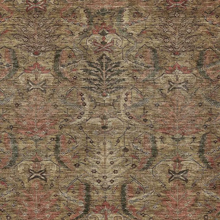 5' X 8' Brown Charcoal And Brick Red Damask Washable Indoor Outdoor Area Rug