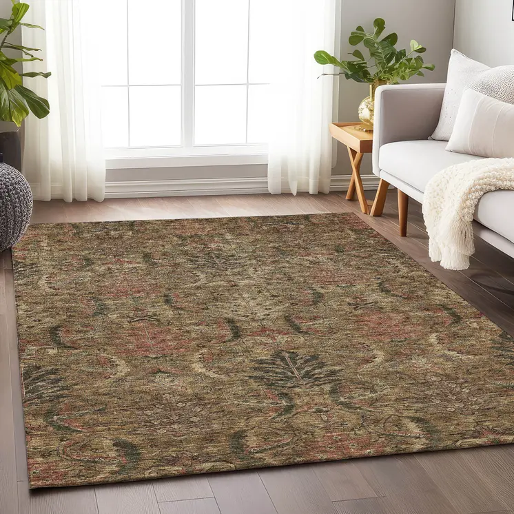 5' X 8' Brown Charcoal And Brick Red Damask Washable Indoor Outdoor Area Rug