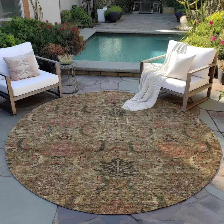 8' Brown Charcoal And Brick Red Round Damask Washable Indoor Outdoor Area Rug