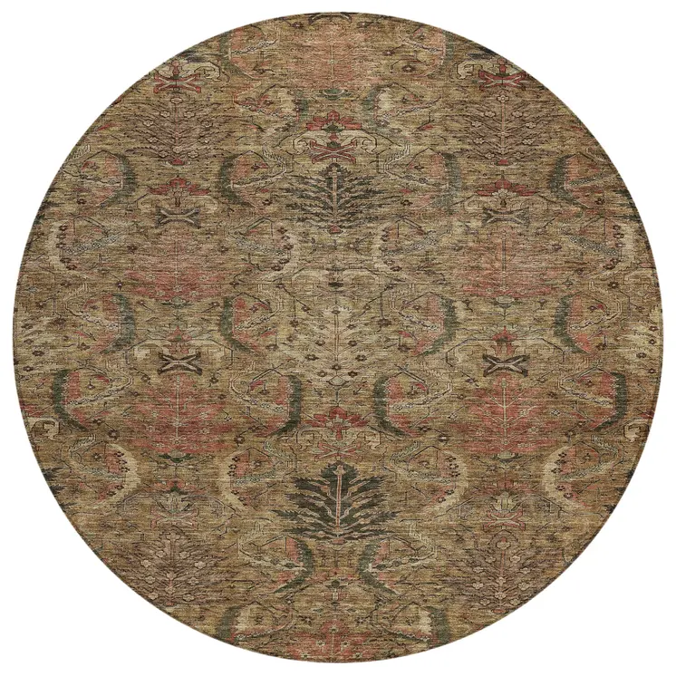 8' Brown Charcoal And Brick Red Round Damask Washable Indoor Outdoor Area Rug