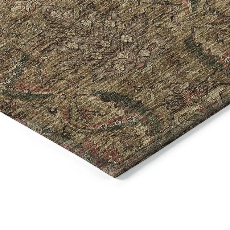 8' Brown Charcoal And Brick Red Round Damask Washable Indoor Outdoor Area Rug