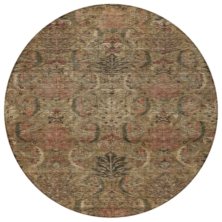 8' Brown Charcoal And Brick Red Round Damask Washable Indoor Outdoor Area Rug