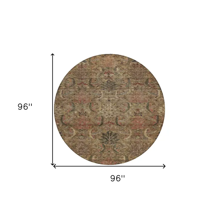 8' Brown Charcoal And Brick Red Round Damask Washable Indoor Outdoor Area Rug