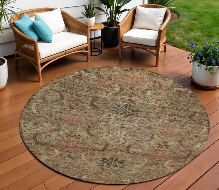 8' Brown Charcoal And Brick Red Round Damask Washable Indoor Outdoor Area Rug