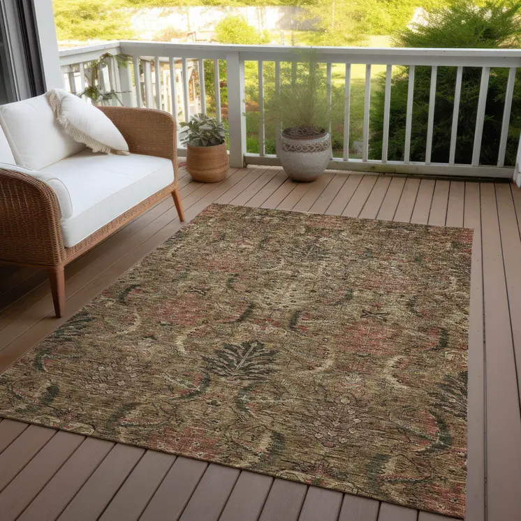 9' X 12' Brown Charcoal And Brick Red Damask Washable Indoor Outdoor Area Rug
