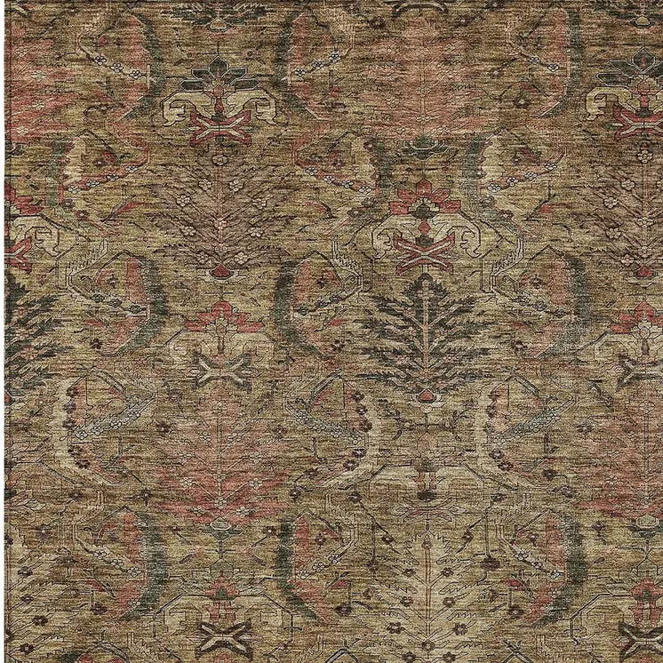 9' X 12' Brown Charcoal And Brick Red Damask Washable Indoor Outdoor Area Rug