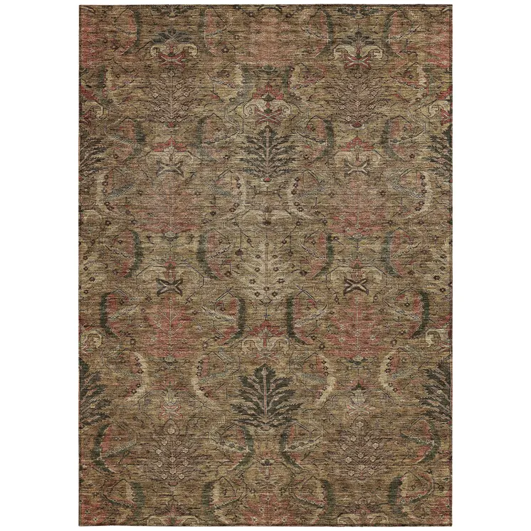 10' X 14' Brown Charcoal And Brick Red Damask Washable Indoor Outdoor Area Rug