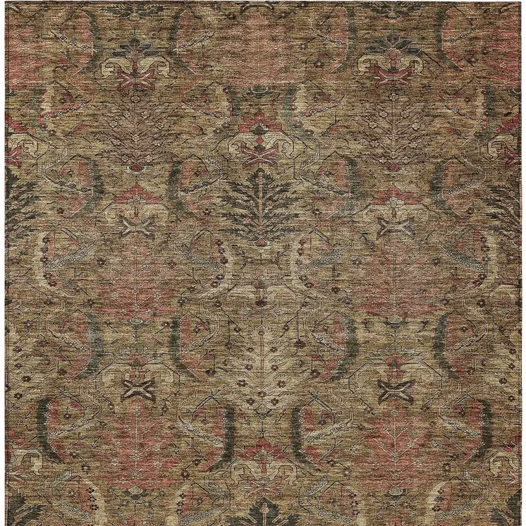 10' X 14' Brown Charcoal And Brick Red Damask Washable Indoor Outdoor Area Rug