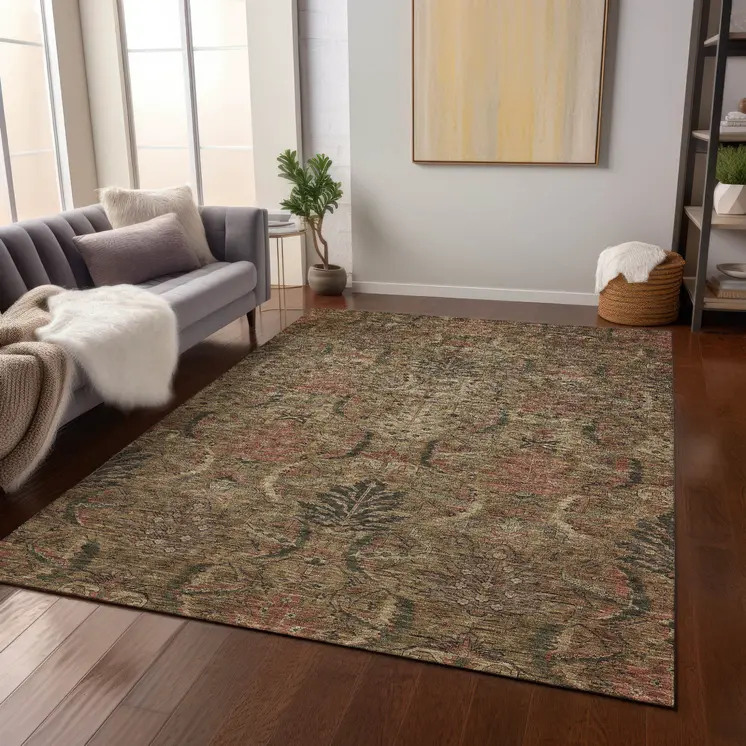 10' X 14' Brown Charcoal And Brick Red Damask Washable Indoor Outdoor Area Rug