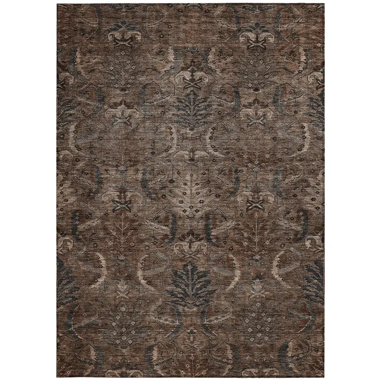 3' X 5' Brown Tan And Charcoal Damask Washable Indoor Outdoor Area Rug