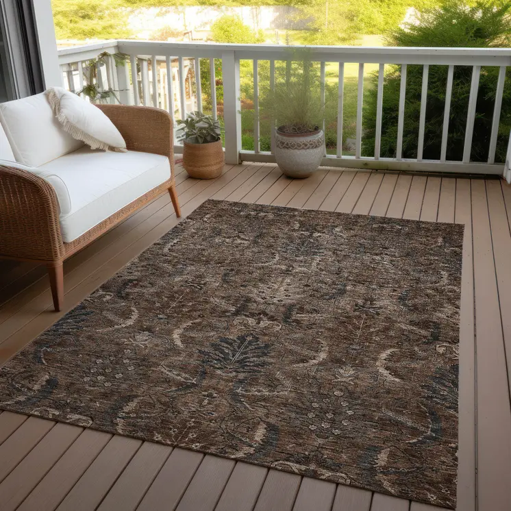 3' X 5' Brown Tan And Charcoal Damask Washable Indoor Outdoor Area Rug