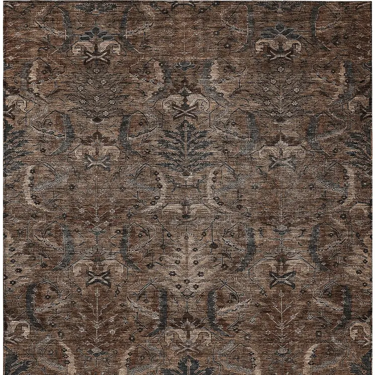 3' X 5' Brown Tan And Charcoal Damask Washable Indoor Outdoor Area Rug