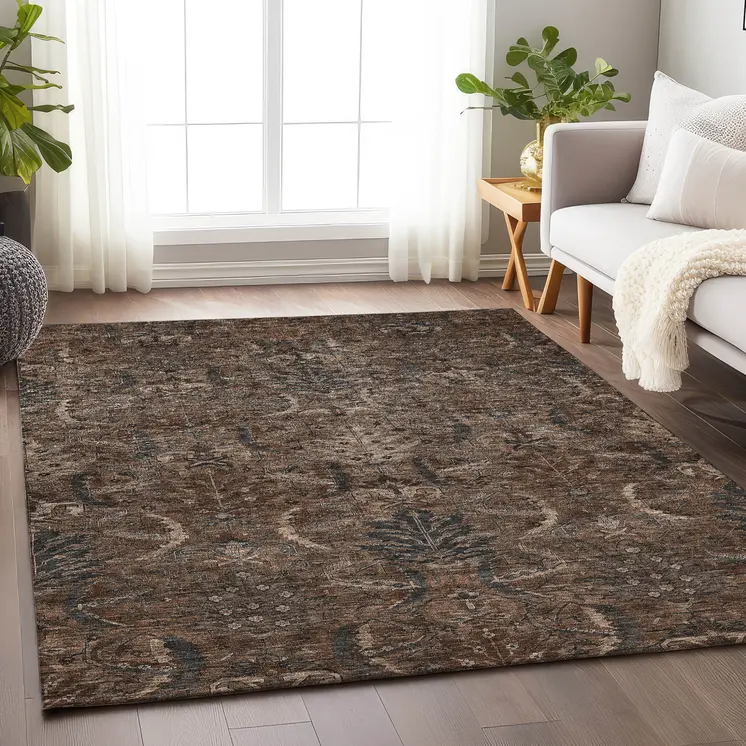 3' X 5' Brown Tan And Charcoal Damask Washable Indoor Outdoor Area Rug