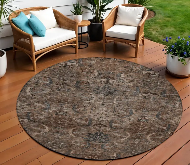 8' Brown Tan And Charcoal Round Damask Washable Indoor Outdoor Area Rug