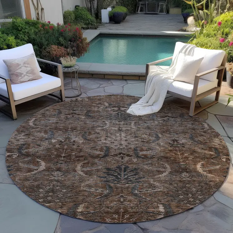 8' Brown Tan And Charcoal Round Damask Washable Indoor Outdoor Area Rug