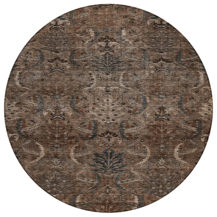 8' Brown Tan And Charcoal Round Damask Washable Indoor Outdoor Area Rug