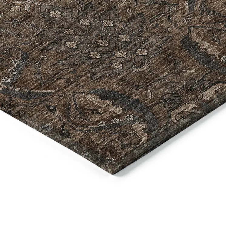 8' Brown Tan And Charcoal Round Damask Washable Indoor Outdoor Area Rug