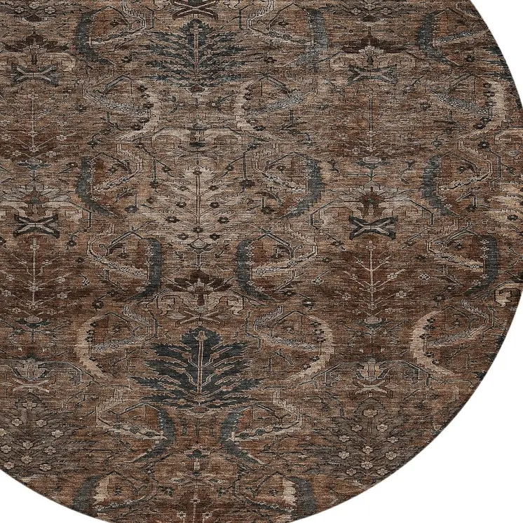 8' Brown Tan And Charcoal Round Damask Washable Indoor Outdoor Area Rug