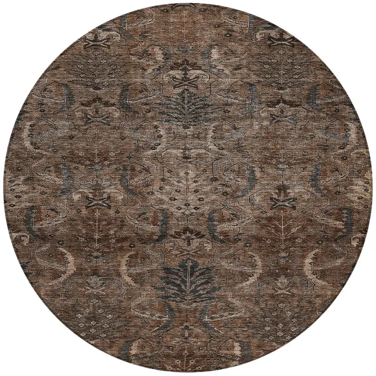 8' Brown Tan And Charcoal Round Damask Washable Indoor Outdoor Area Rug