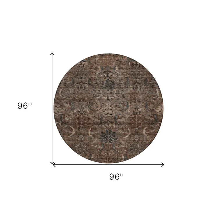 8' Brown Tan And Charcoal Round Damask Washable Indoor Outdoor Area Rug